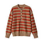 Button up stand up collar long sleeved striped knitted sweater for women