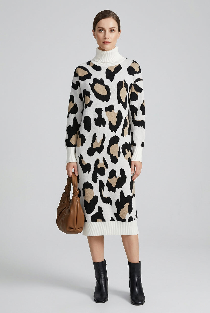 Vestido largo de punto para mujer con cuello vuelto y estampado de leopardo, holgado para otoño e invierno