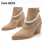 Botines para mujer con punta fina, tacón ancho de 8 cm y adorno de cadena, para otoño e invierno