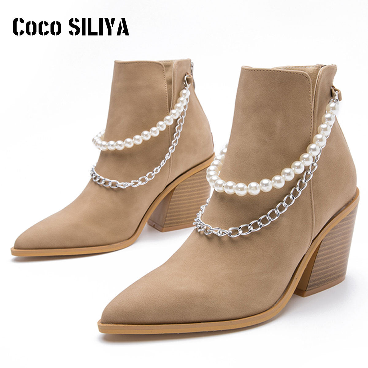Botines para mujer con punta fina, tacón ancho de 8 cm y adorno de cadena, para otoño e invierno