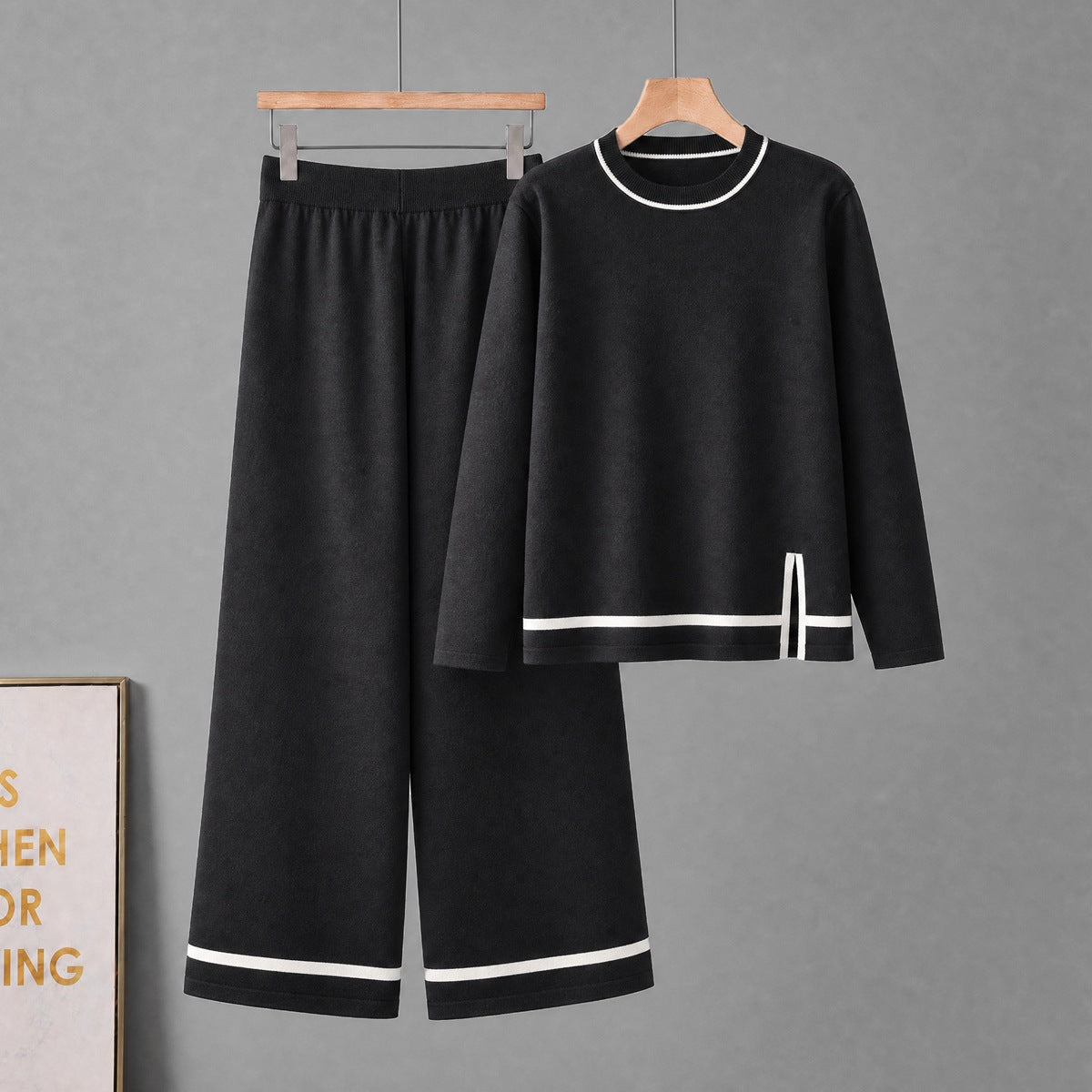 Conjunto de dos piezas para mujer de manga larga con aberturas y pantalón de pernera ancha