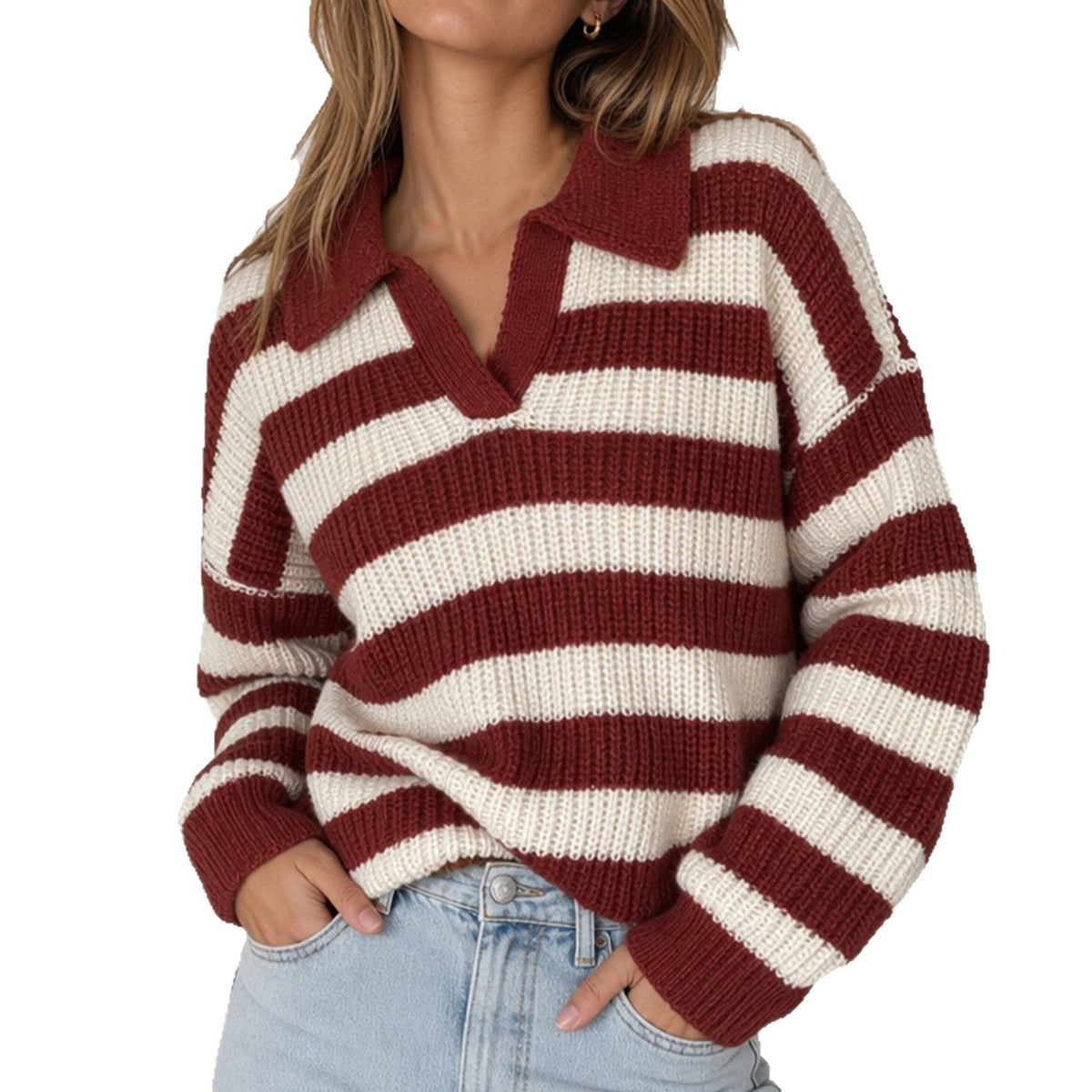 Color blocked striped Polo lapel pullover sweater