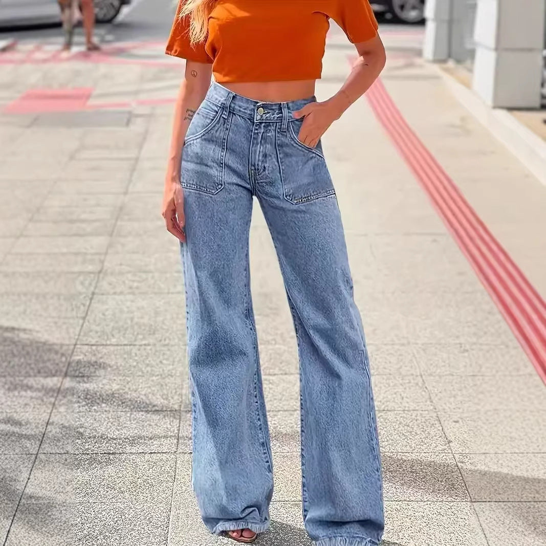 loose fit with large pockets women's retro frayed hem wide-leg jeans