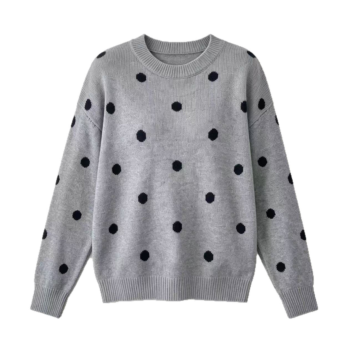 Chic Women's Round Neck Polka Dot Jacquard Knit Sweater, Oversized Drop Shoulder Long Sleeve Loose Fit Autumn Winter Pullover Casual Top