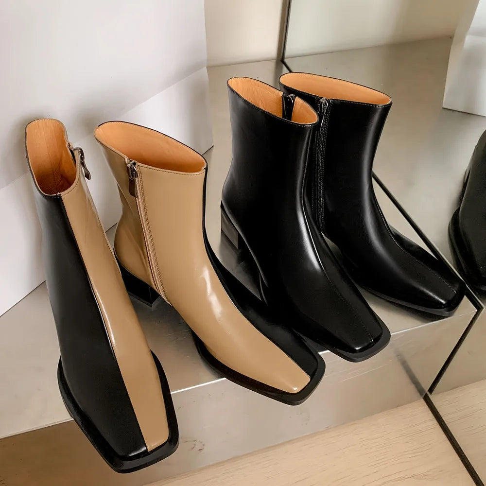 Botines de piel auténtica para mujer con colores en contraste y cremallera lateral, para otoño e invierno