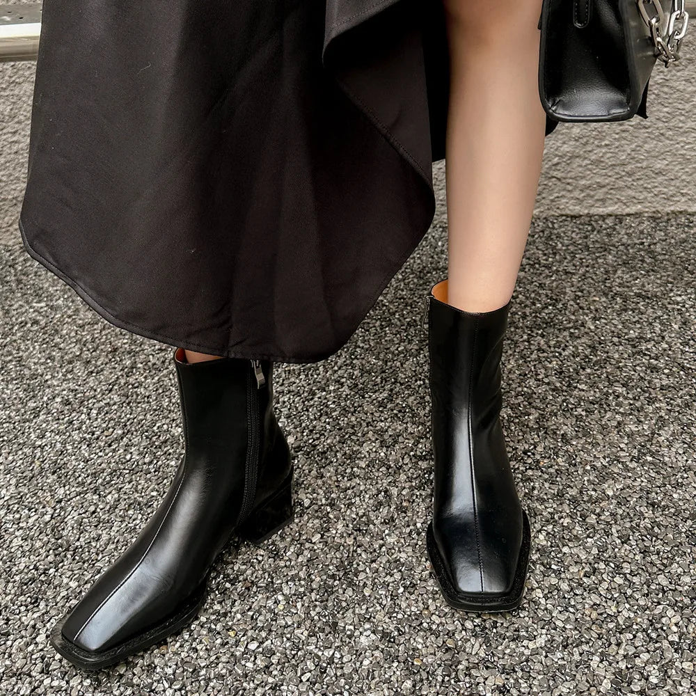 Botines de piel auténtica para mujer con colores en contraste y cremallera lateral, para otoño e invierno