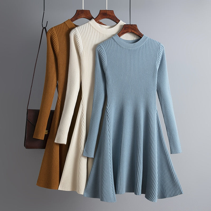 Vestido corto de punto grueso para mujer con corte en A, básico y elegante para otoño e invierno