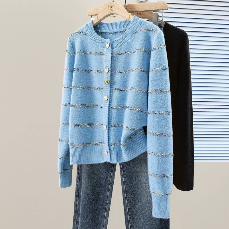 Striped cardigan with heart-shaped button sweater