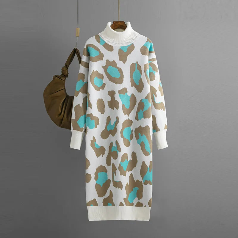 Vestido largo de punto para mujer con cuello vuelto y estampado de leopardo, holgado para otoño e invierno