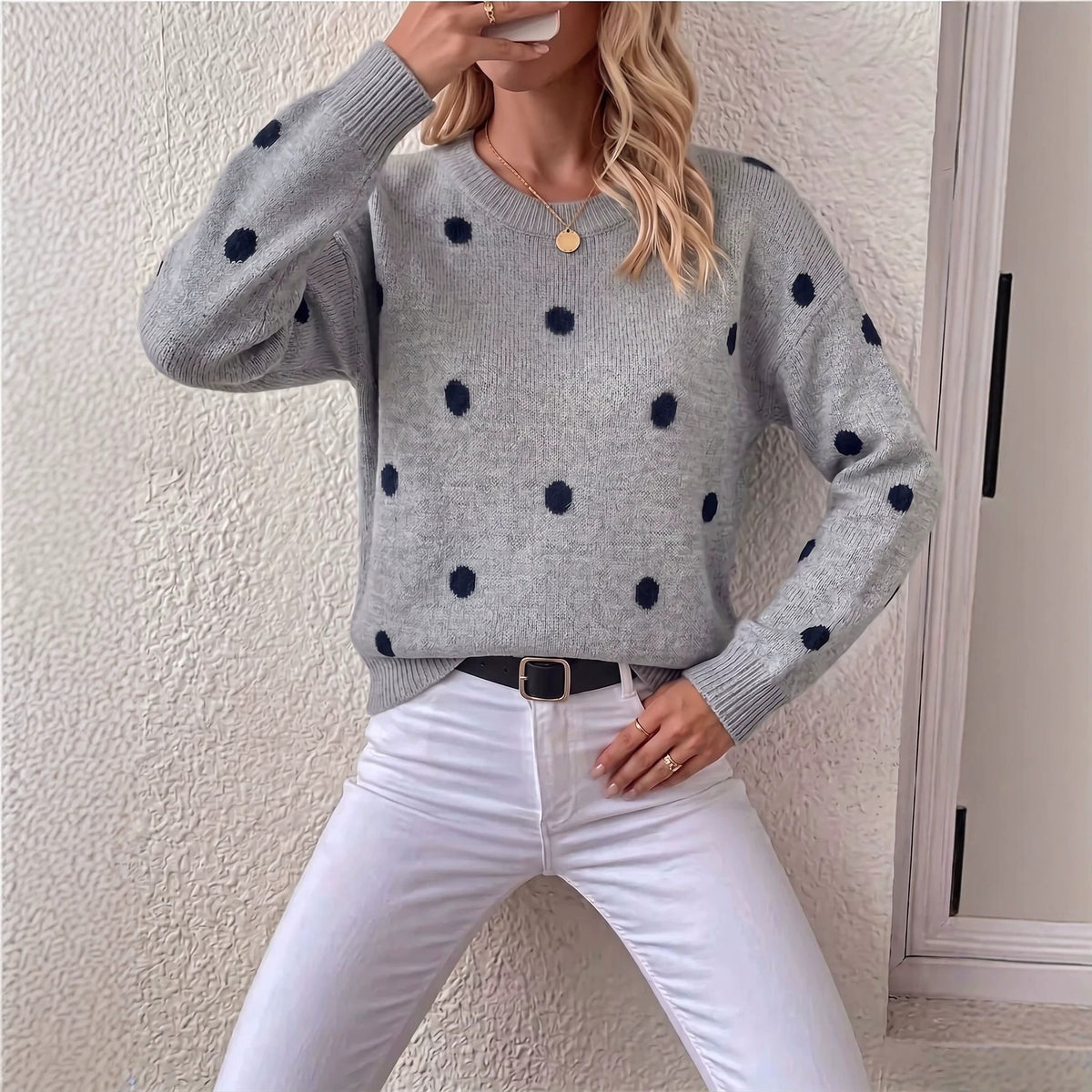 Chic Women's Round Neck Polka Dot Jacquard Knit Sweater, Oversized Drop Shoulder Long Sleeve Loose Fit Autumn Winter Pullover Casual Top