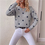 Chic Women's Round Neck Polka Dot Jacquard Knit Sweater, Oversized Drop Shoulder Long Sleeve Loose Fit Autumn Winter Pullover Casual Top