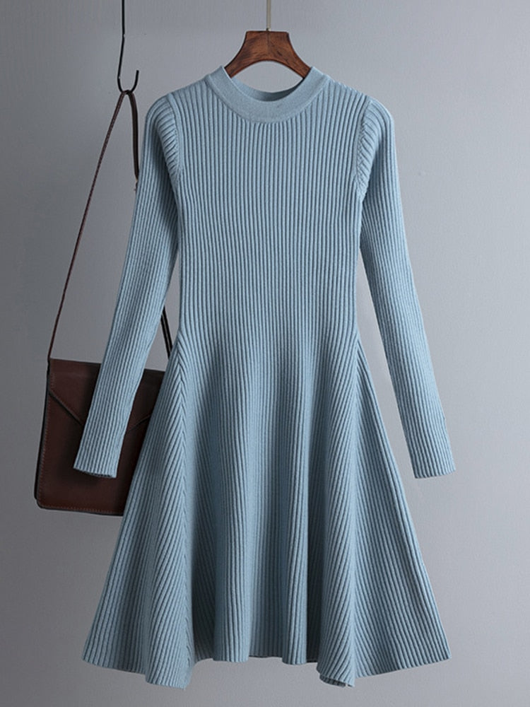 Vestido corto de punto grueso para mujer con corte en A, básico y elegante para otoño e invierno
