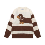 Color blocking striped cartoon dog round neck sweater