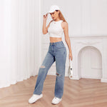 Washed Distressed Non-Stretch Straight Leg Jeans for Women