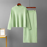 Conjunto de punto de dos piezas para mujer con jersey de cuello alto y falda larga recta, abrigado para invierno.