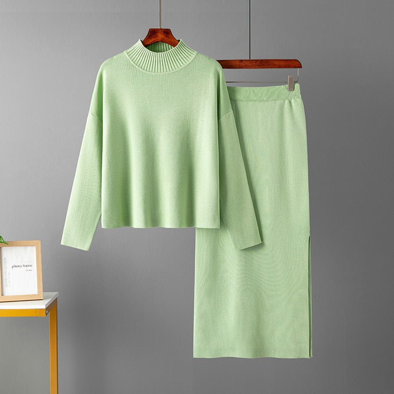 Conjunto de punto de dos piezas para mujer con jersey de cuello alto y falda larga recta, abrigado para invierno.