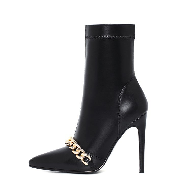 Botines Eilyken para mujer con punta fina, tacón de aguja y adorno de cadena, para otoño e invierno