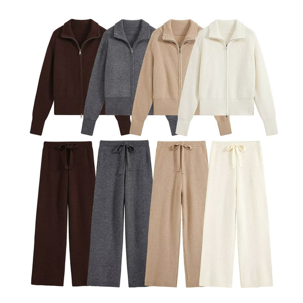 Conjunto de jersey de punto con cuello amplio y cremallera y pantalón para mujer