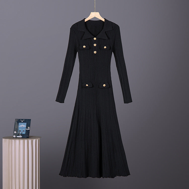 Vestido midi de punto con cuello polo y falda acampanada para mujer