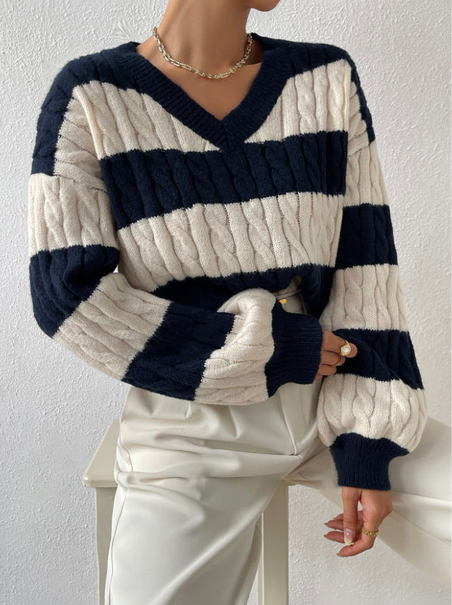 Autumn Winter Knitwear Fashion Vintage Striped Color-block Sweater Loose Casual Versatile Top