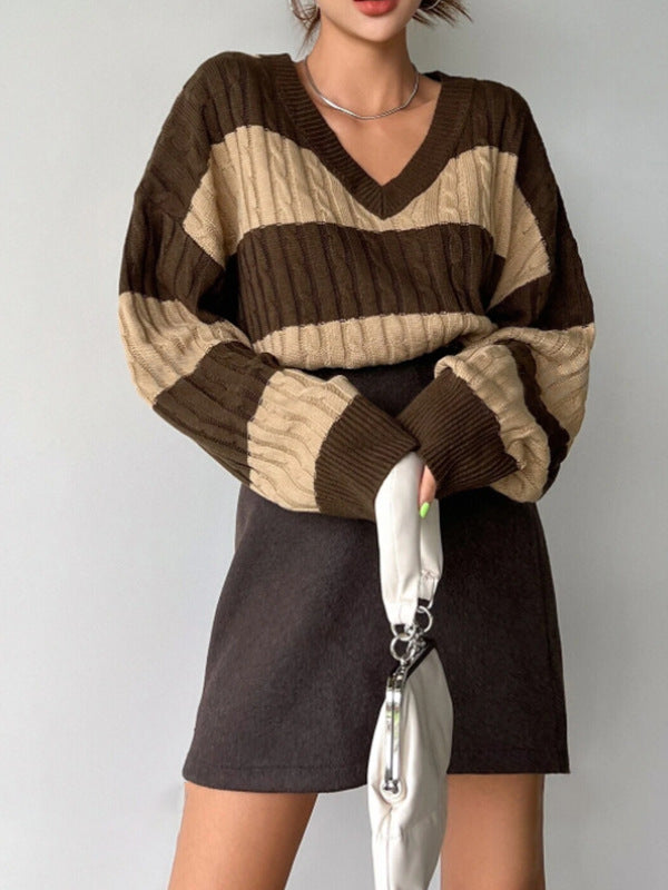 Autumn Winter Knitwear Fashion Vintage Striped Color-block Sweater Loose Casual Versatile Top