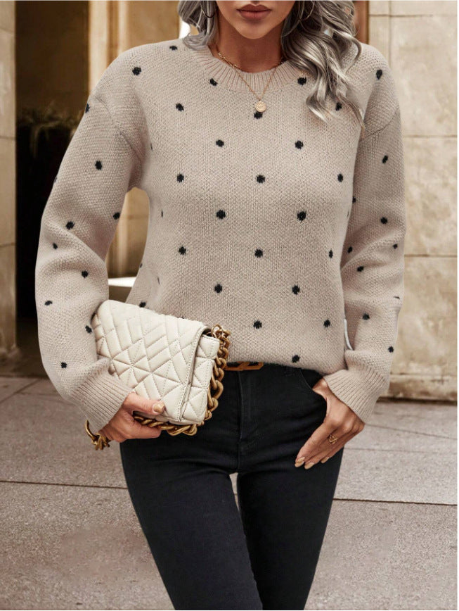 Round neck long sleeved pullover women's polka dot jacquard knitted sweater