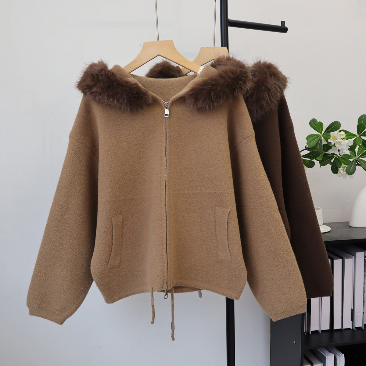 Double zipper hooded jacket for women