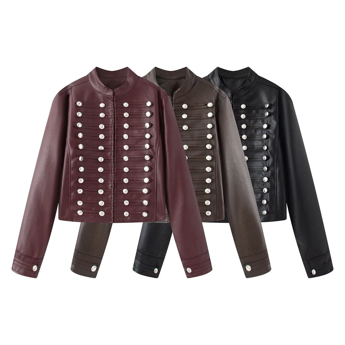 Casual knot button decoration Napoleon imitation leather jacket for women