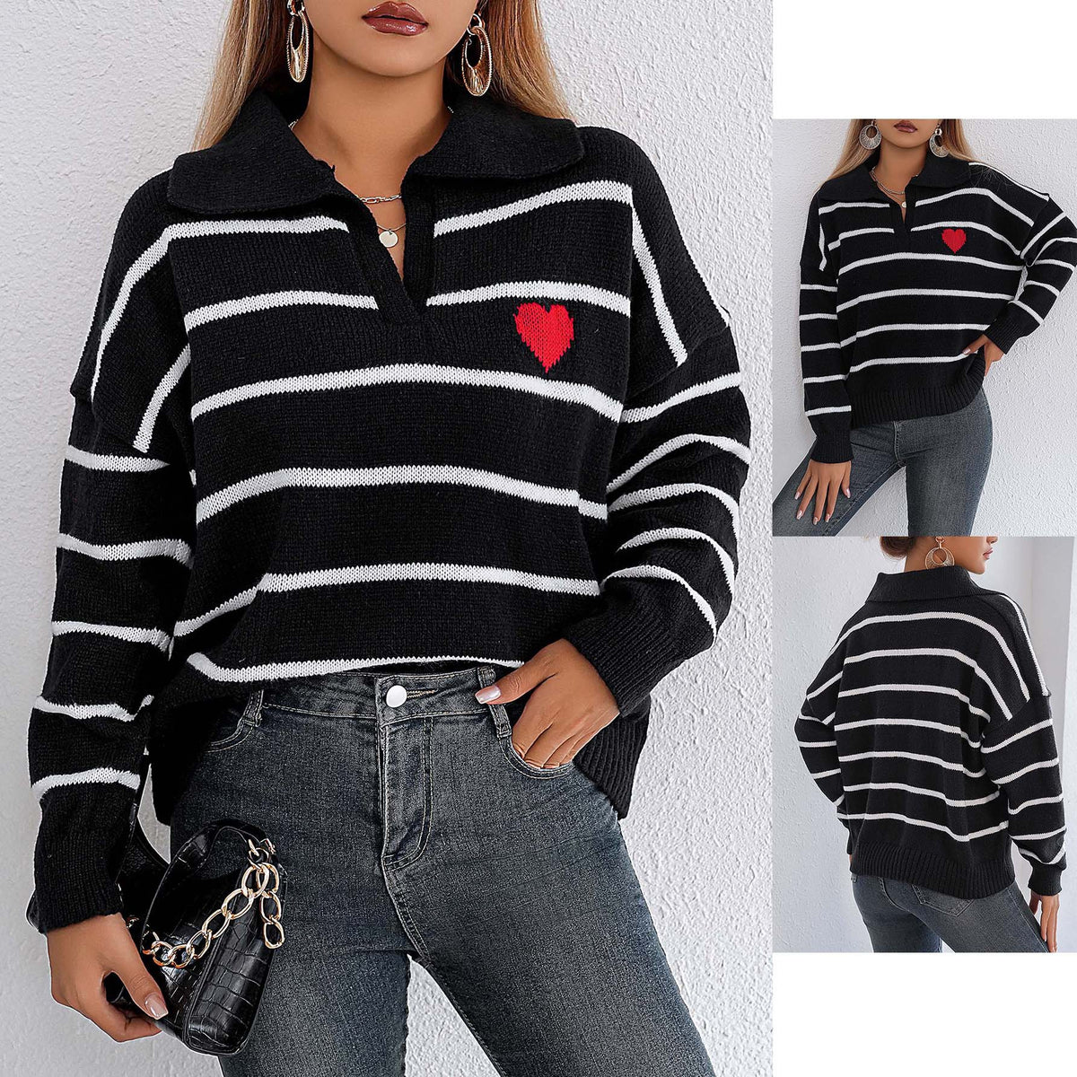 Lady Knit Sweater Top with Color Block Stitching, Stripe and Heart Pattern, Polo Neck