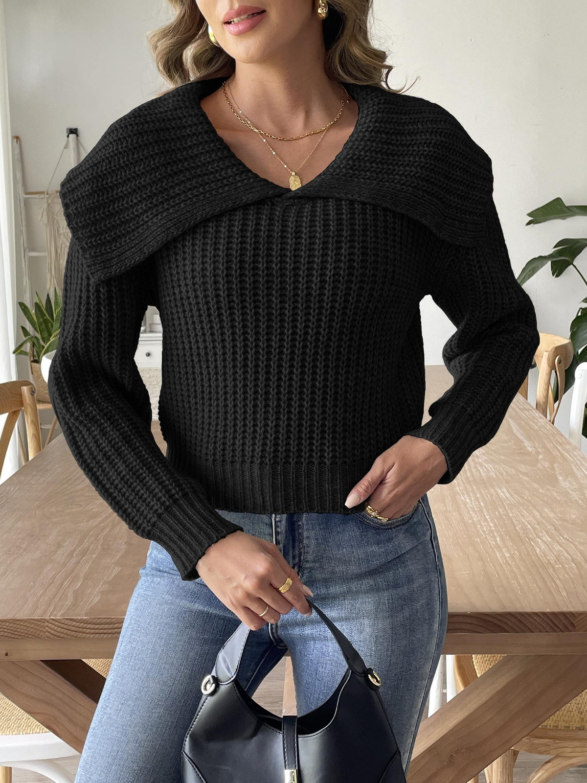 Ladies' Short Knit Sweater with Turn-Down Collar, Crochet Knit Top,Women's Pullover Sweater