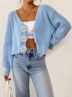 Women's Knit Sweater, Cropped Cardigan with Hand-Crocheted Floral Decoratio