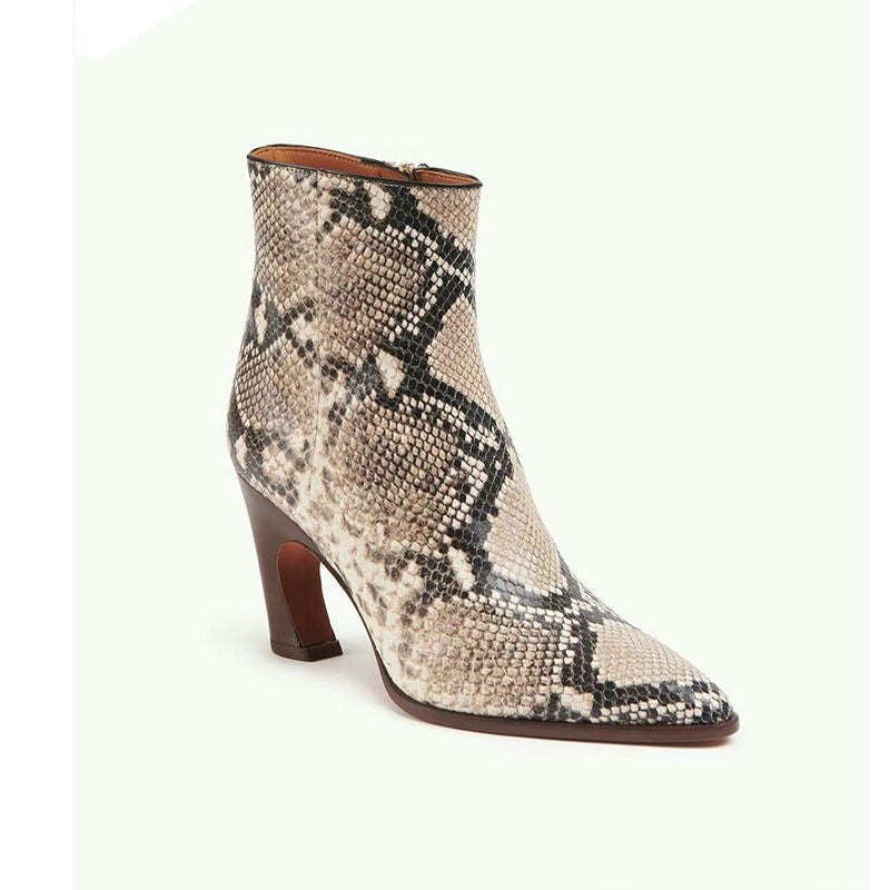 Botines para mujer con punta fina, tacón alto ancho y cremallera lateral