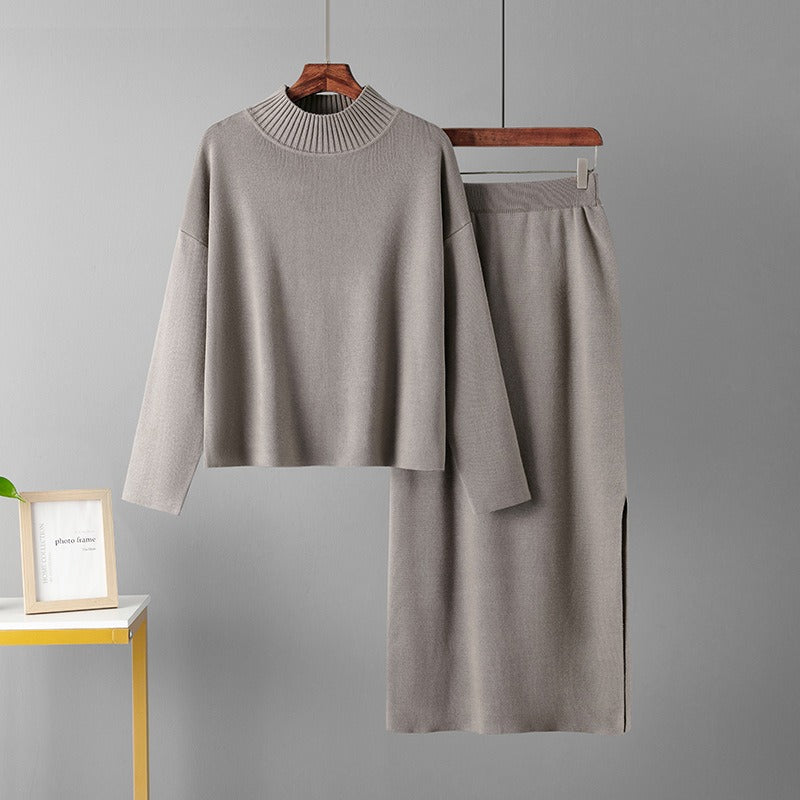 Conjunto de punto de dos piezas para mujer con jersey de cuello alto y falda larga recta, abrigado para invierno.