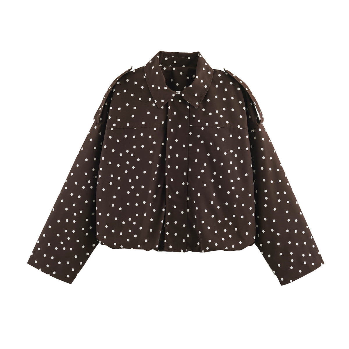 Loose shoulder strap zipper stand up collar polka dot long sleeved jacket for women