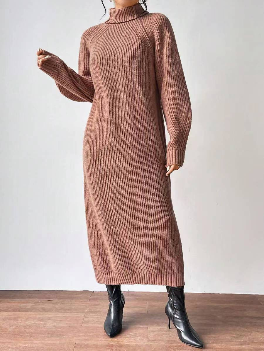 Vestido largo de punto liso para mujer con manga larga y cuello alto