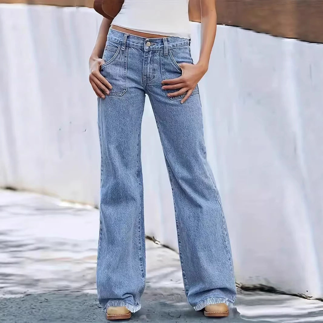 loose fit with large pockets women's retro frayed hem wide-leg jeans