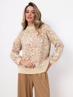 Leopard Print Sweater Women Loose Lantern Sleeve Round Neck Knit Top