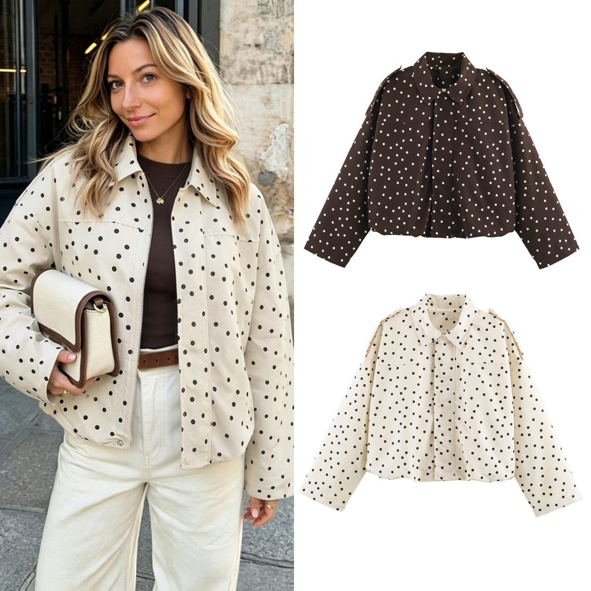 Loose shoulder strap zipper stand up collar polka dot long sleeved jacket for women