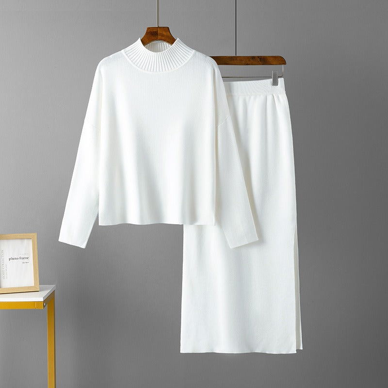 Conjunto de punto de dos piezas para mujer con jersey de cuello alto y falda larga recta, abrigado para invierno.