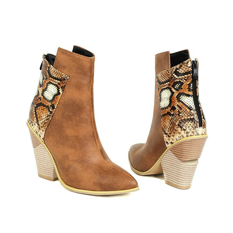 Botines para mujer con punta fina, colores en contraste, tacón alto ancho y cremallera trasera