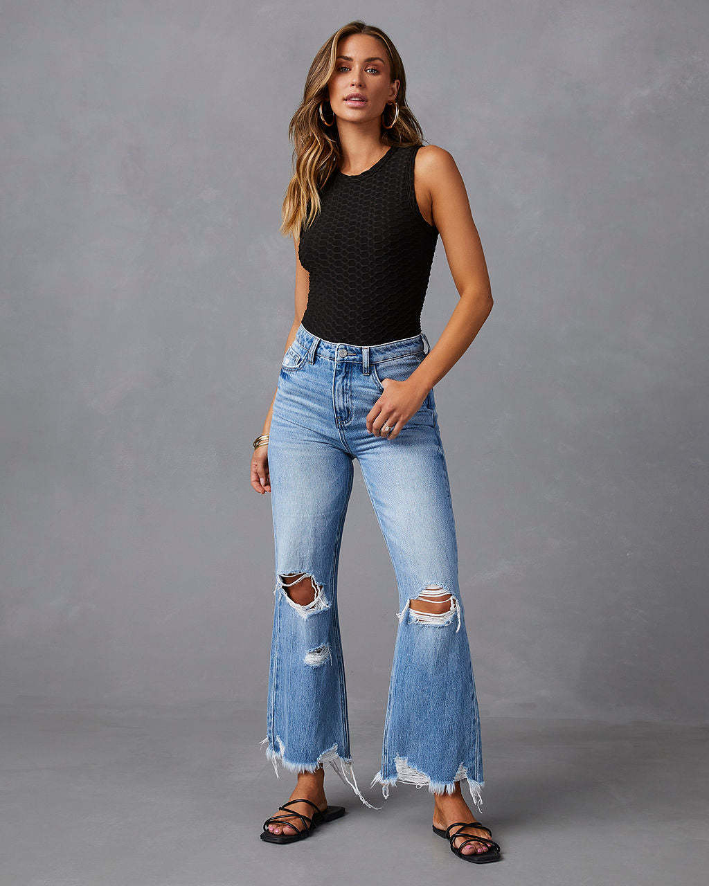Flared Leg Fringe Washed Tie-Dye Ripped High Waist Jeans Straight Leg Casual Long Pants Women