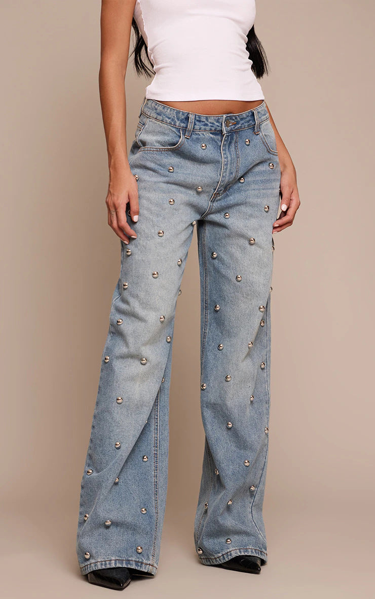 Women's nail bead washed jeans, women's high waisted straight leg pants, spicy girl pants