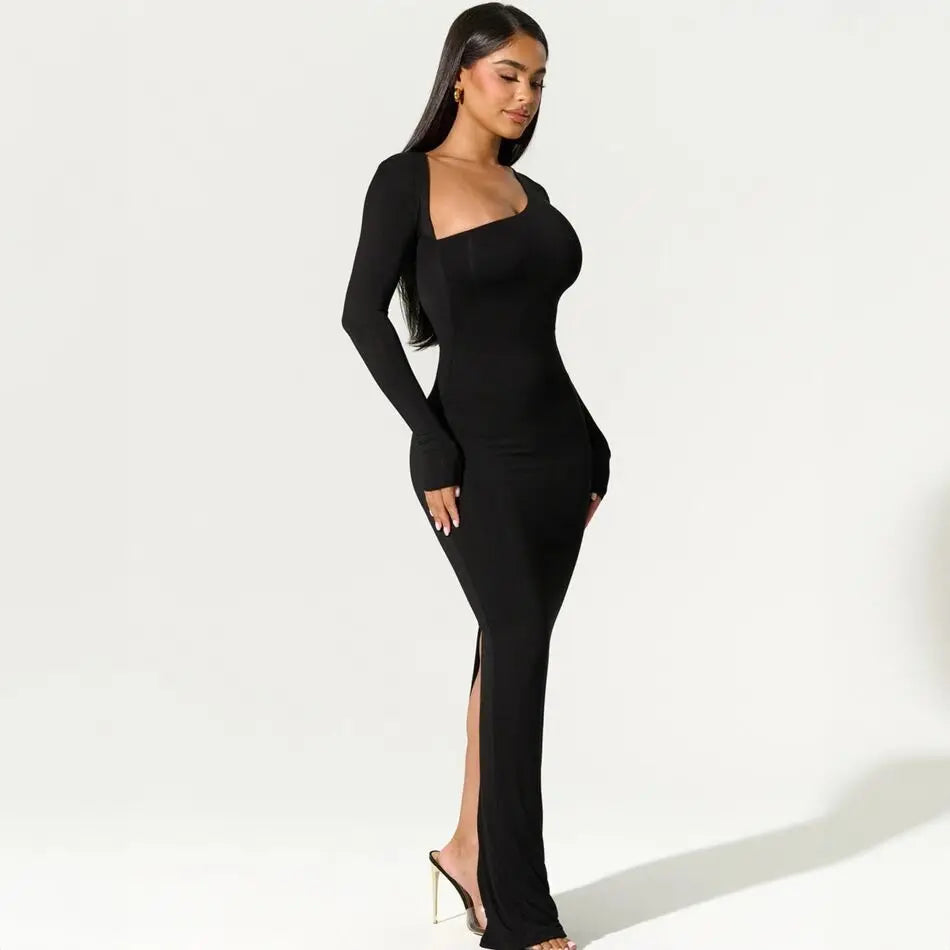 Vestido largo negro de fiesta para mujer, asimétrico, de manga larga y con abertura
