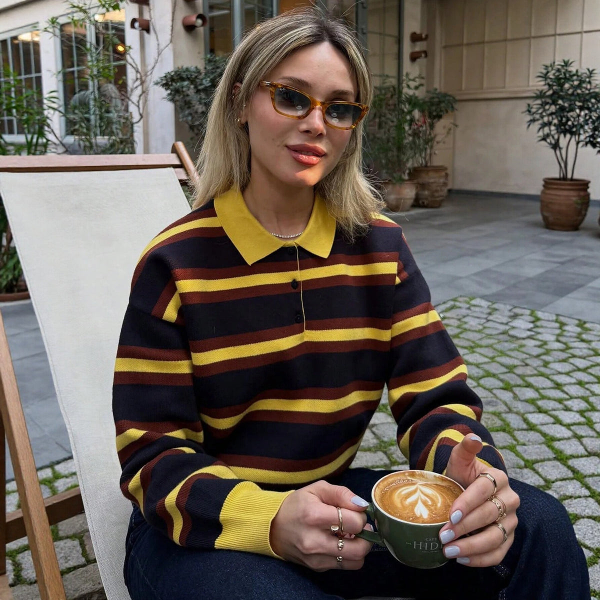 Color blocked striped Polo loose pullover sweater