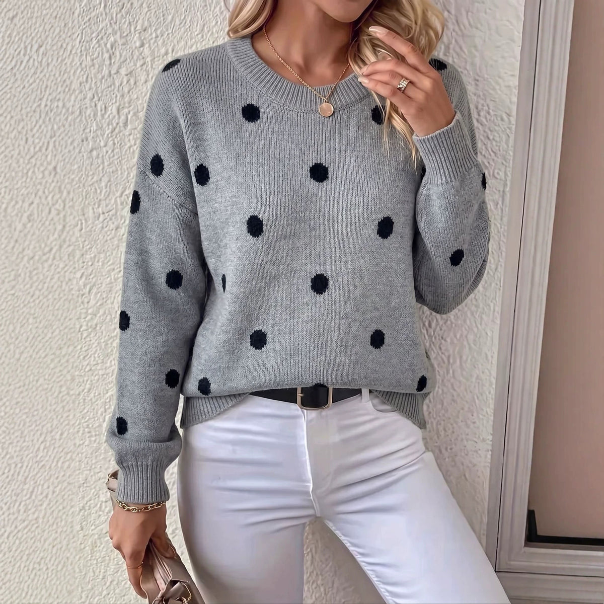 Chic Women's Round Neck Polka Dot Jacquard Knit Sweater, Oversized Drop Shoulder Long Sleeve Loose Fit Autumn Winter Pullover Casual Top