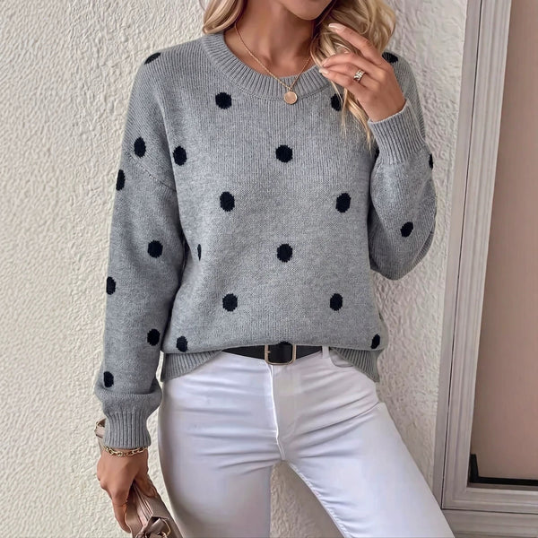 Chic Women's Round Neck Polka Dot Jacquard Knit Sweater, Oversized Drop Shoulder Long Sleeve Loose Fit Autumn Winter Pullover Casual Top