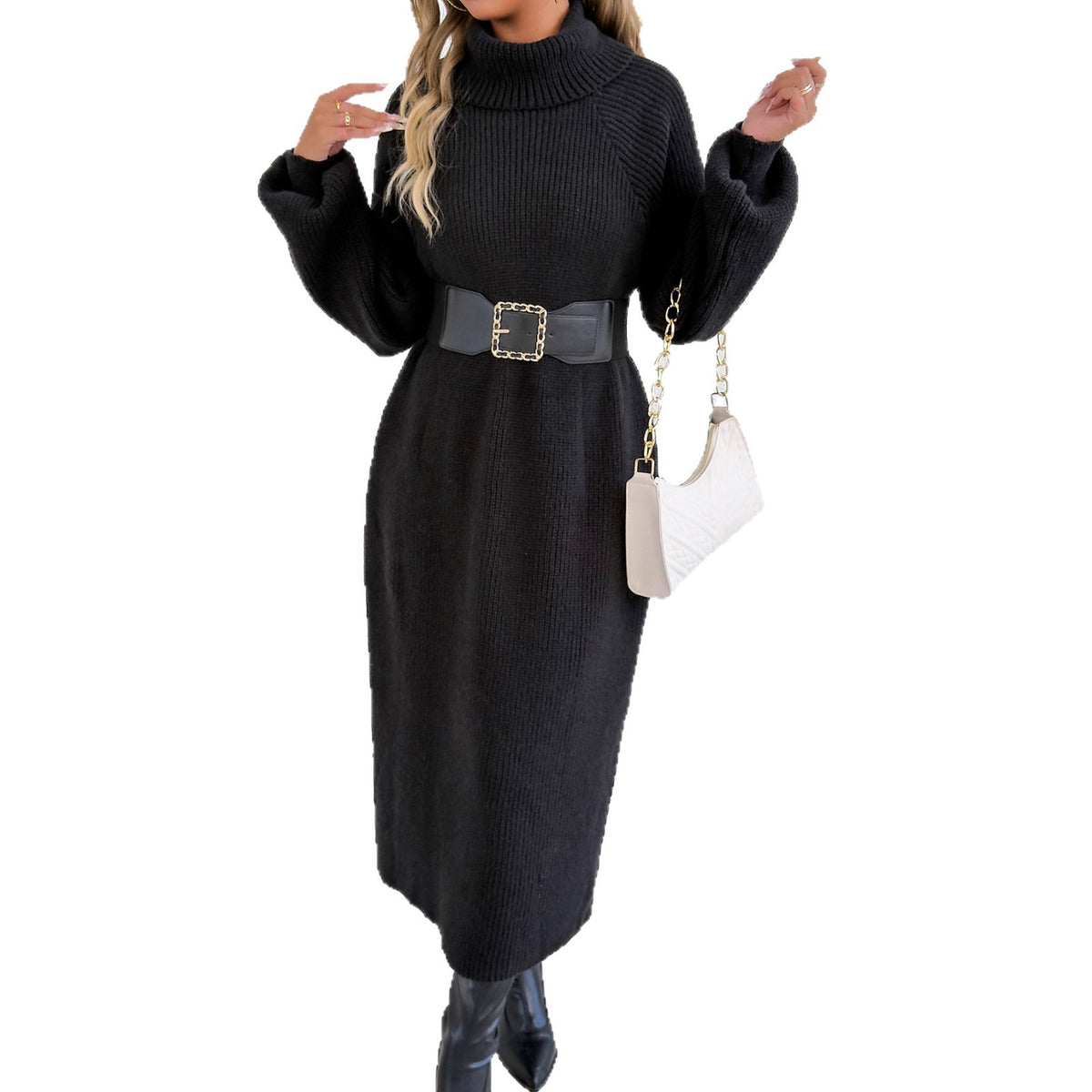 Vestido largo tipo jersey para mujer, holgado y casual, con cuello alto o vuelto, sin cinturón