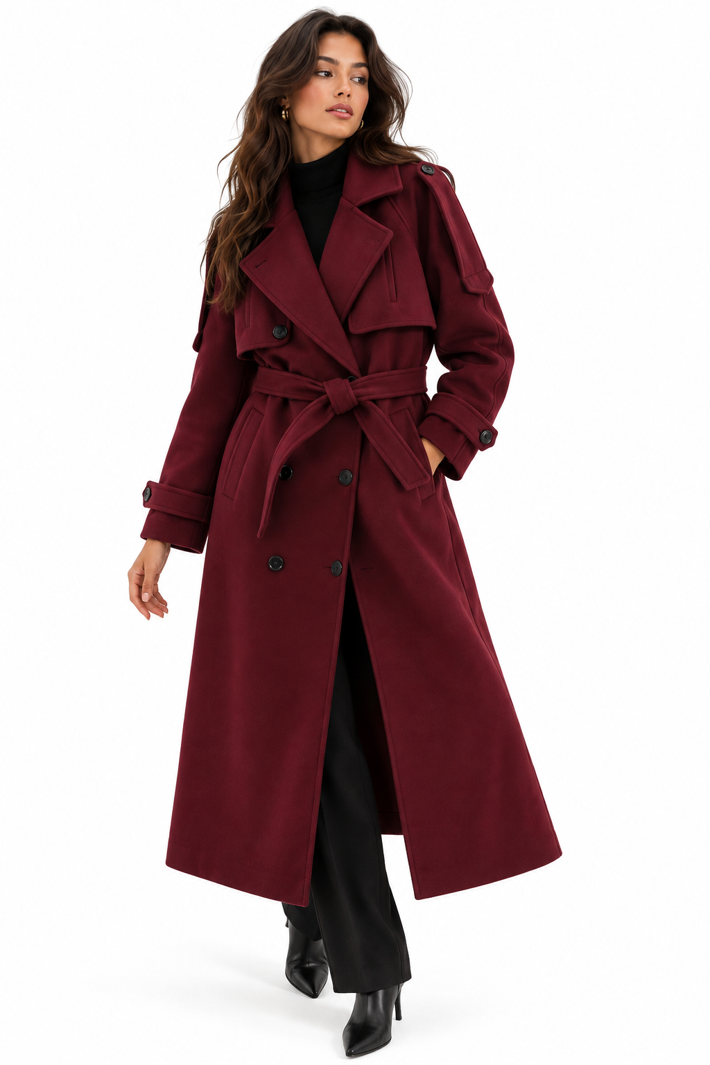 Women's long woolen coat with belt and jacket