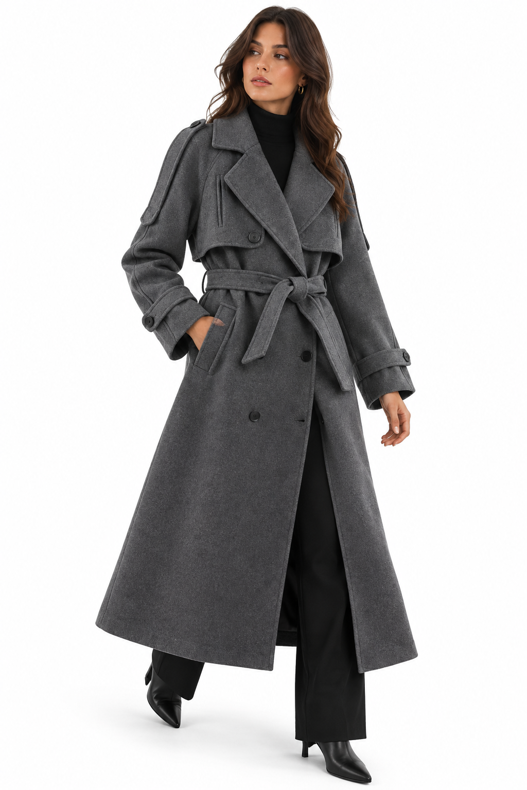 Women's long woolen coat with belt and jacket
