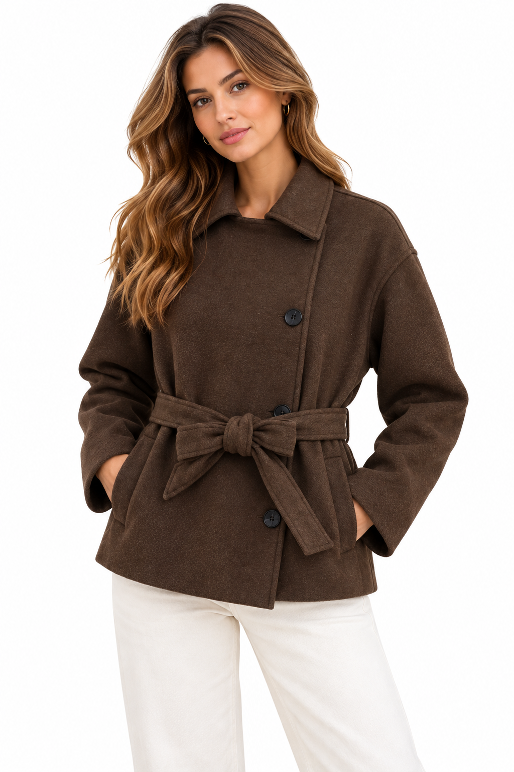 Slanted breasted buckle with waist belt woolen coat for women